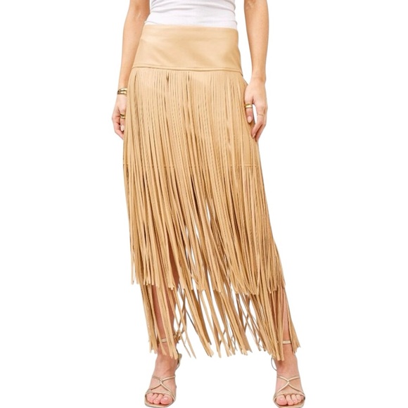 New blue b Tan Faux Leather Tiered Carwash Fringe Festival Western Mini Skirt - Picture 2 of 4